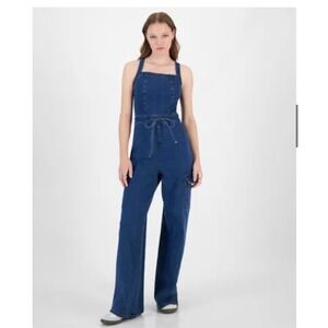 Tinseltown Denim stretch Jumpsuit Wide Leg Cargo‎ Pockets Adjustable Waist Blue